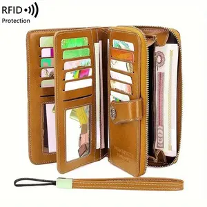 Women's Vintage PU Leather Long Wallet with Wristband,Multi-Card Slot Long Clutch Purse with Flower Buckle,RFID Blocking Long Wallet For Daily Use