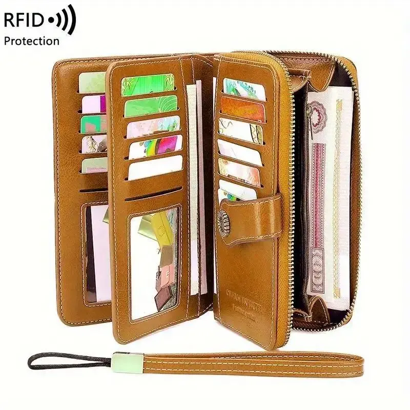 SAMGU Women's Retro Chic Durable Fashion PU Leather Long Wallet - RFID Blocker Anti-Theft Zipper Wallet, Stain-Resist PU, High-Capacity Card Holder with Comfortable Wristband, Multi-Card Slots, Flower Buckle, Expandable Clutch for Daily, Casual Use