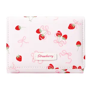 Small Cute Wallet with Strawberry Coquette Bow Print ID Credit Card Holder for Women Girls