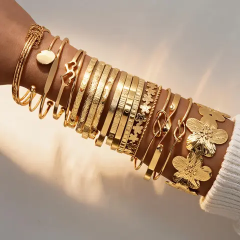 19-Piece Bracelet Set, Elegant Floral Design, Adjustable Cuff Bracelets, Stackable Bracelets, Stacked Design Bracelets, Bangles Bracelets Set, Women's Fashion Accessories, Perfect Gift