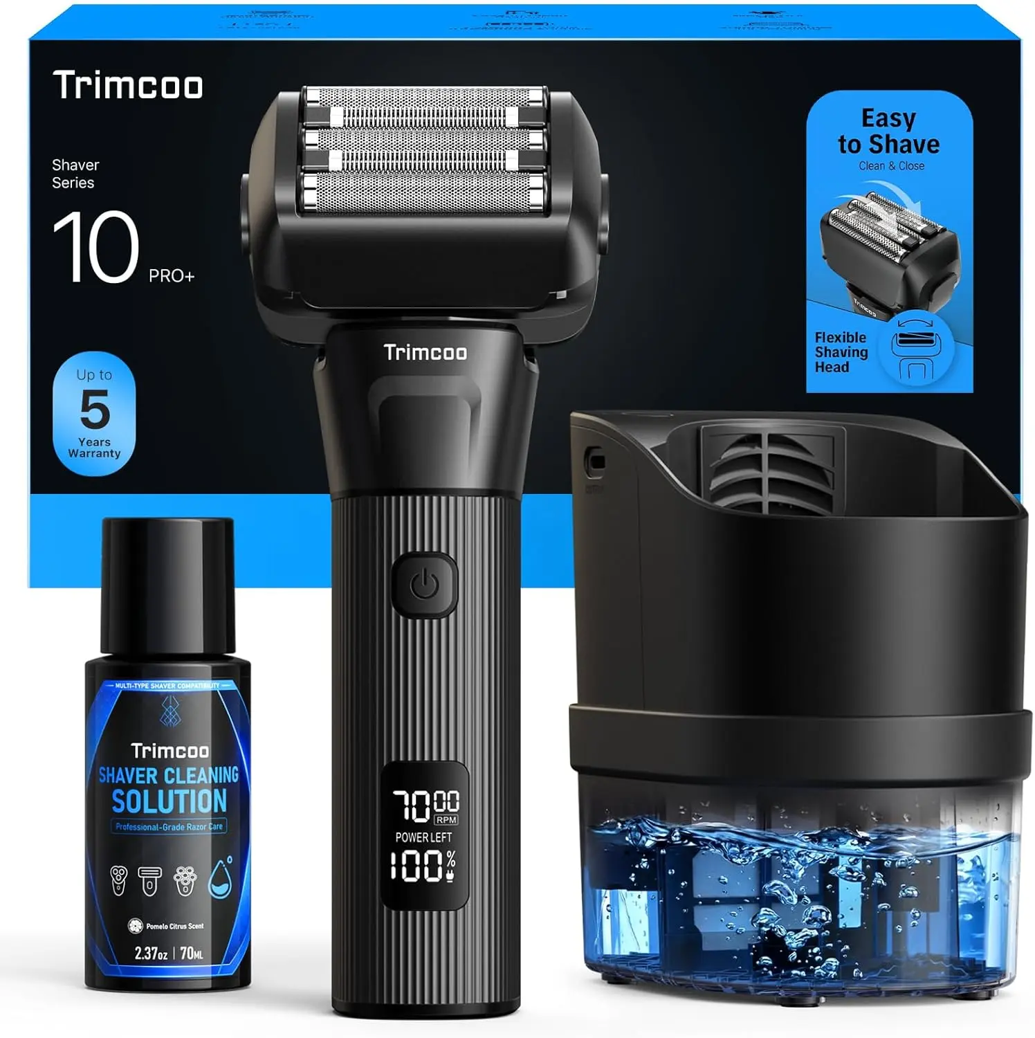 Electric Shaver for Men - Trimcoo 5-Blade Foil Razor Kit | Gentle on Sensitive Skin | Self-Cleaning Center, USB-C Charging, 180min Runtime, IPX7 Wet/Dry Use with Pop-Up Trimmer, Ideal Grooming Gift