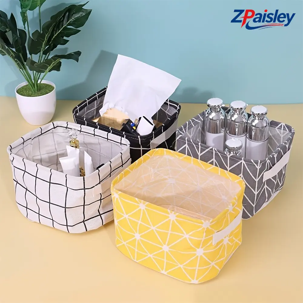 2Pcs Foldable Cotton Linen Storage Basket, Collapsible Grid Fabric Storage Bin with Reinforced Handles, Nordic Minimalist Aesthetic Desktop Organizer, Small Woven Storage Cube for Bathroom Bedroom Kitchen Shelves, Dorm Apartment Home Organization Basket