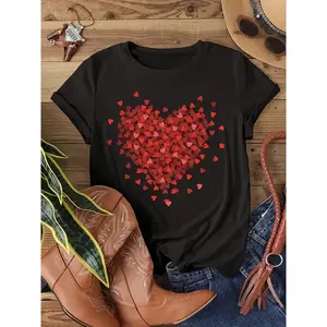 Cute Layered Heart Print Tee for Women - Red & Pink Heart Design on Black, Lightweight Short Sleeve Crew Neck Blouse for Date Nights, Spring & Fall Layering | Machine Washable Casual Top Outfits Womenswear