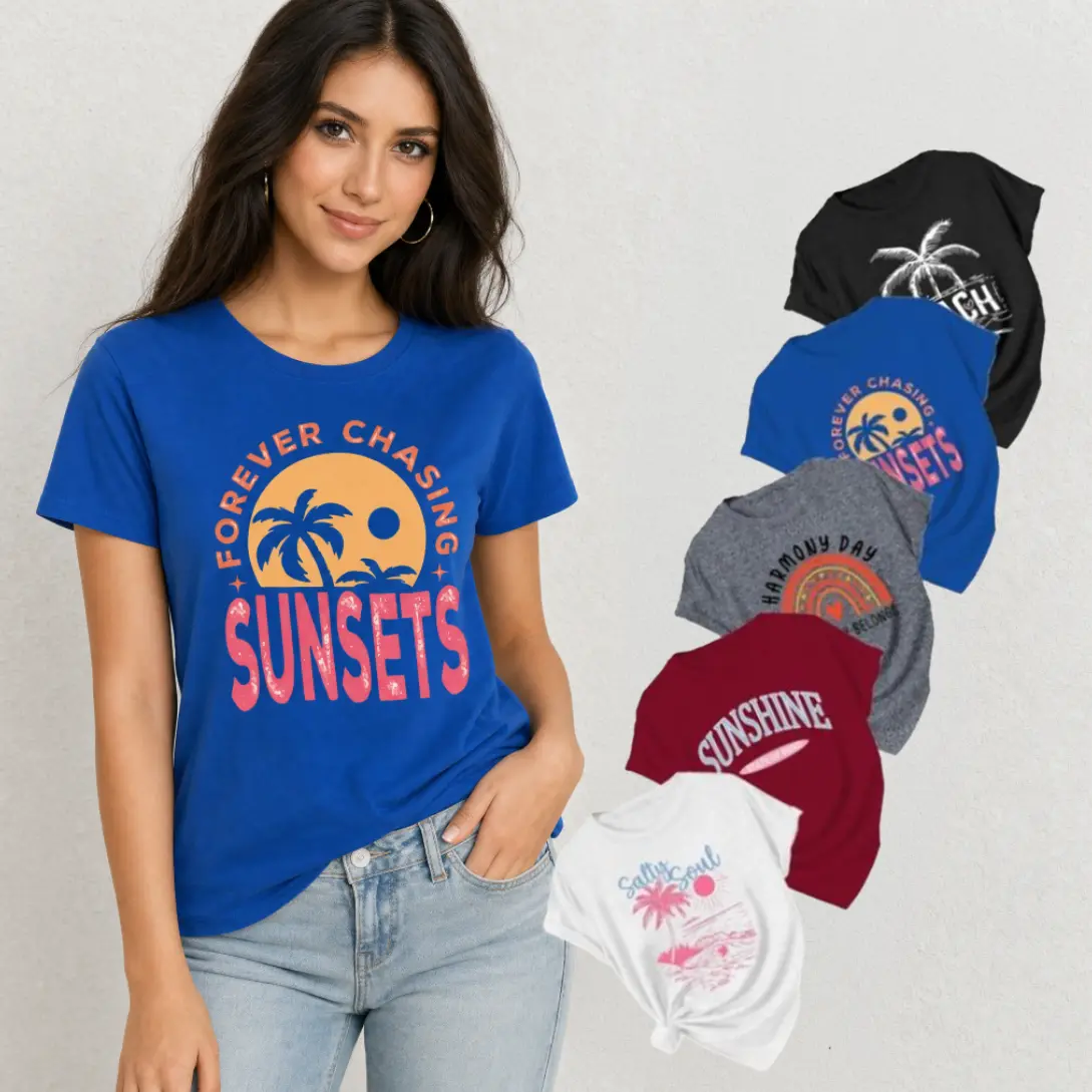 Women's 5-Piece Fitted Short-Sleeve Round Neck T-Shirt Set - Trendy Shirts for Women's Clothes, Preppy Cute Streetwear, Comfortable Multi-Color Evening Top, Summer Vacation Use, Do Not Wring, Korean, H Type, Retro, New Year