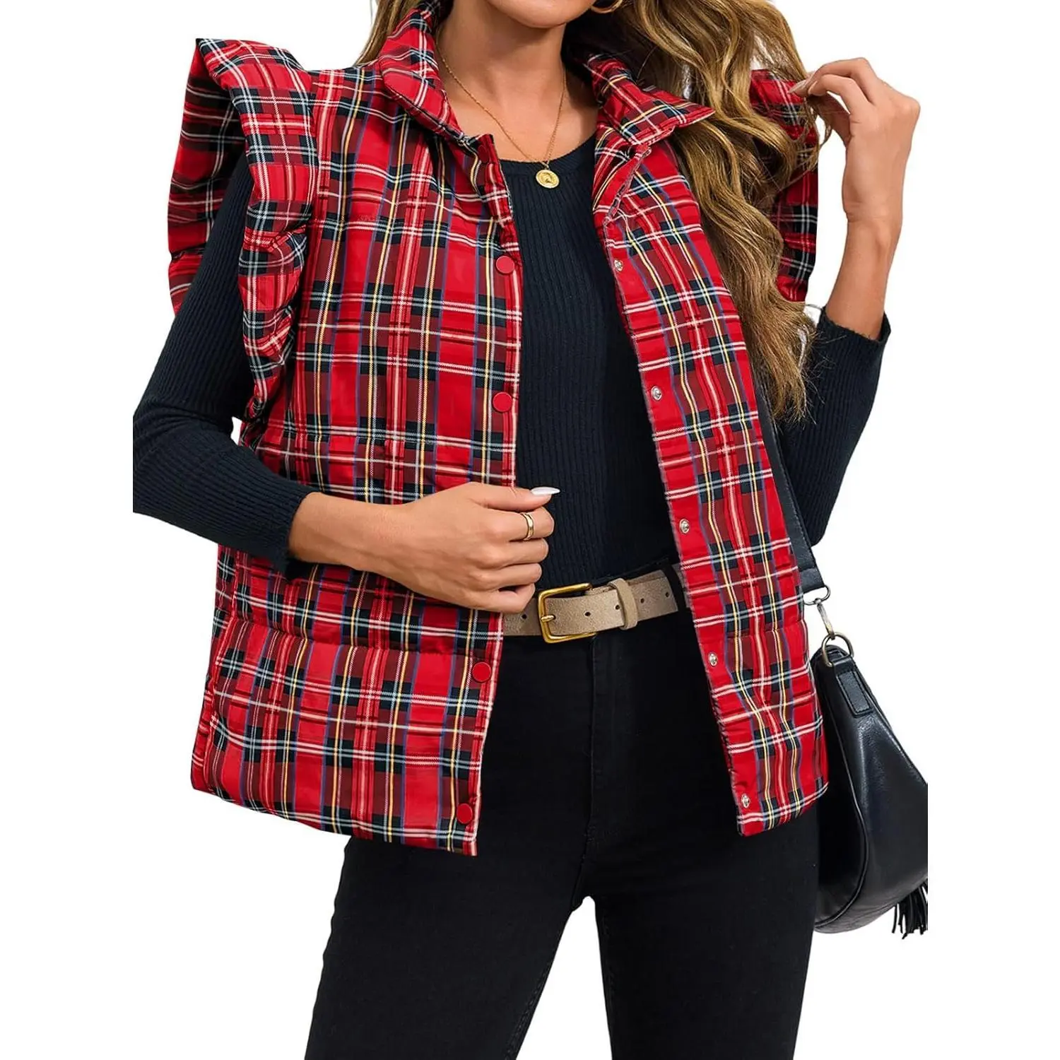 Women's Checkered Plaid Padded Vest - 2026 Fitted Sleeveless Lady's Top for Autumn, Winter Casual Wear, Red, Tops, Vest Top