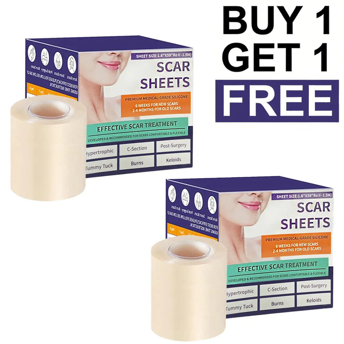 {Buy 1 Get 1 Free} Silicone Scar Tape - 1.6"X 59" Roll-1.5M Roll -  Reusable Midical Grade Scar Sheets, Scar Tape for Surgical Scars, Burn, C-Section, Keloid Scars, Acne Treatment, Stretch Marks Removal
