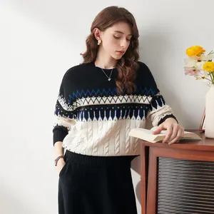 COMOBOCA 100% Wool Women's Nordic Pattern Cable Knit Sweater for Ultimate Luxury and Comfortable Wear