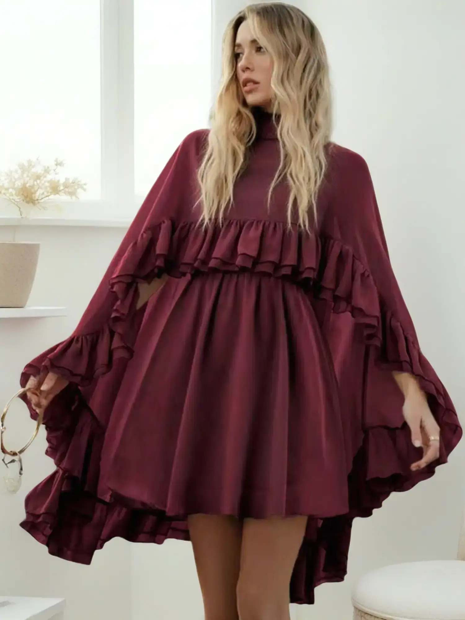 Women's Chic 2-Piece Longsleeve Formal Dress - Burgundy Chiffon Camisole, Ruffled Skirt, Lace Back, Lightweight Plain Machine-Washable Minimalist Wear for Party Night Out Style