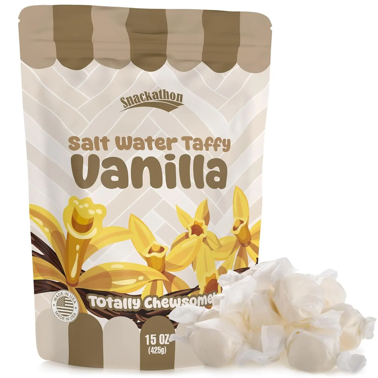 Snackathon Salt Water Taffy Single Flavor, Vanilla, Bulk Individually Wrapped Gourmet Candy, Soft & Chewy Sweet Treats, 15 oz Resealable Bag