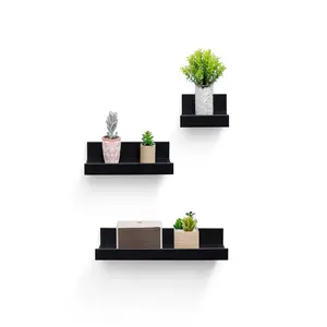 3-Set 15.7in Minimalist Black MDF Floating Wall-Mounted Picture Ledge Shelves with Lip - Lightweight Modern Home Decor, Hanging Floating Wall Organizer, 12Lbs Load Capacity, Easy Installation for Nursery, Kitchen