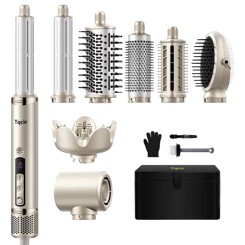 Tqcir 8-in-1 Salon Hair Styler Kit, 1300W Ionic Hair Dryer & Thermal Brush, Multiple Attachments for Drying, Smoothing, Volumizing & Blowouts, Lightweight Design, Overheat Protection