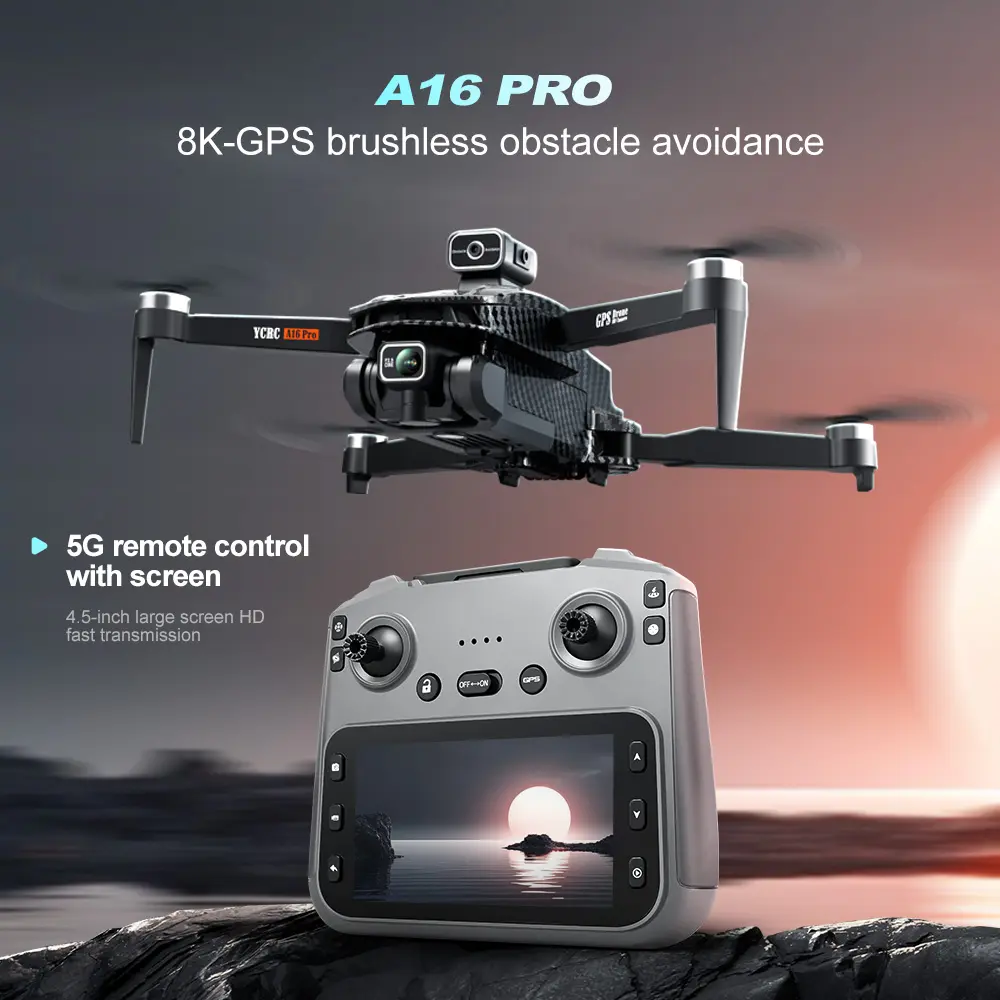 A16 PRO 2026 Professional GPS Drone with 3000m Remote Control 4.5 Inch Ultra Clear LCD Controller Brushless Motor Optical Flow Positioning Ultrasonic Altitude Hold Surround Flight One Click Return Christmas Gift