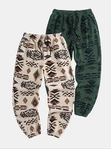 Men's Fleece Ethnic Print Drawstring Jogger Pants Set of 2, Fall Winter Sportswear, Comfortable and Stylish, Perfect for Casual Wear, Tracksuit Pants, Baggy Jogging Pants