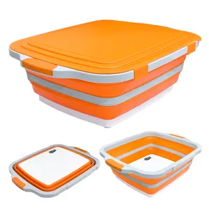 Collapsible BBQ Prep Tub with Lid, Prep Tub Bundle, Multifunctional Camping Cutting Board with Lid, 8L Storage Basket, Orange Bowl, Kichen Food Utensils Container