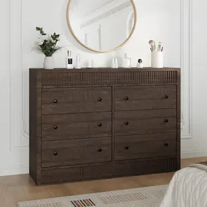 Modern 6 Drawer Fluted Dresser - Wide Wooden Oak Chest for Bedroom, Living Room, Hallway - Contemporary Storage Organizer - Walnut Cabinet