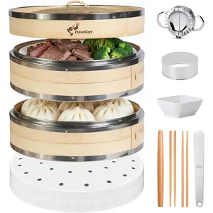 Bamboo Steamer Basket, Stainless Steel Reinforced Rim, 10-Inch 2-Tier Steamer for Cooking, 50 Liners Chopsticks Sauce Dish Dumpling Makers, Steaming Asian Food Bao Buns Dim Sum Rice Veggies Steam Pot