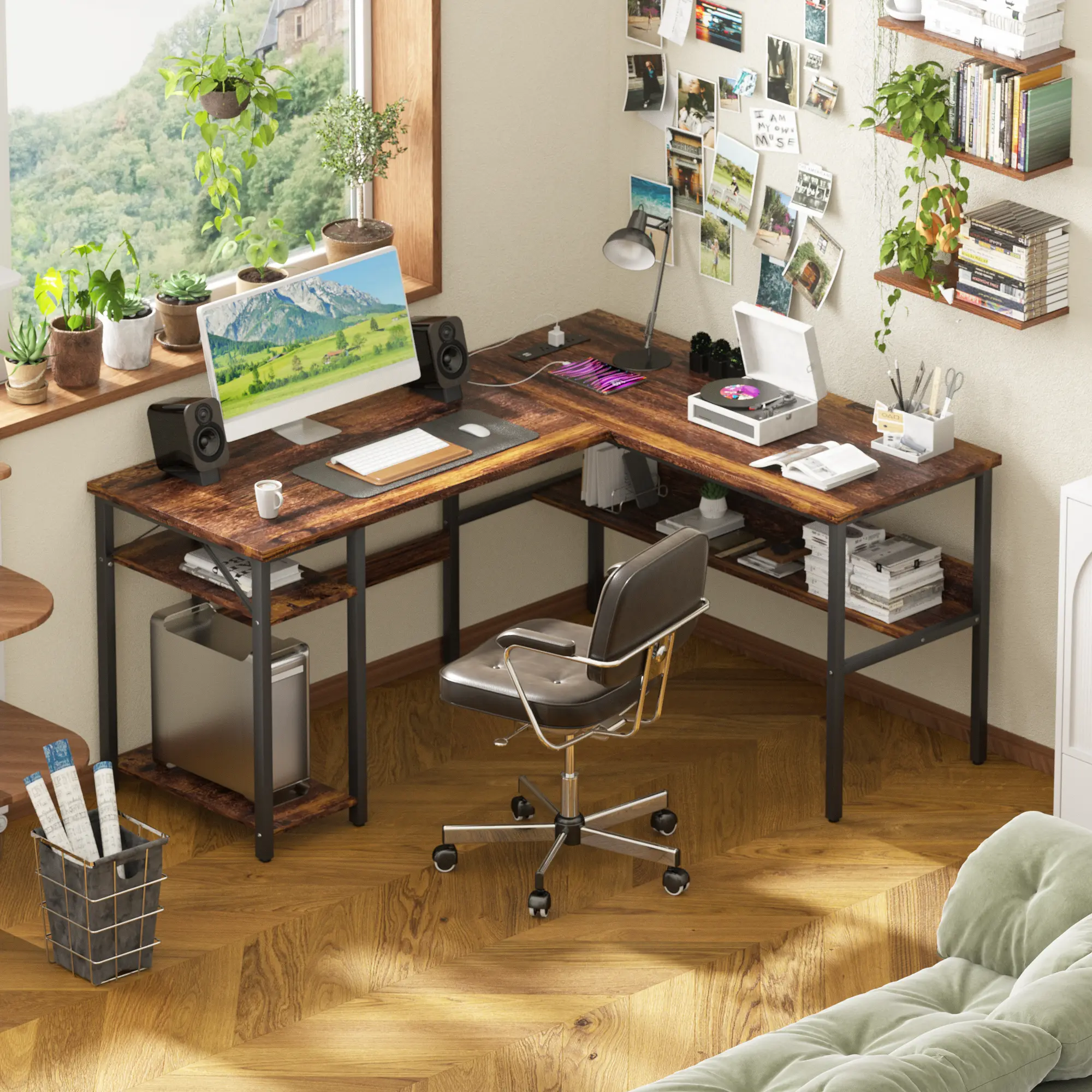 Unikito Reversible L Shaped Desk with Magic Power Outlets and USB Charging Ports, Sturdy Corner Computer Desk with Storage Shelves, Gaming Desk for Home Office, Easy to Assemble, Black Oak