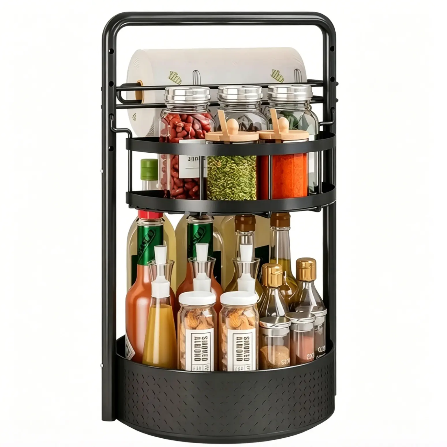 2-Layer Large Multi-Functional Round Countertop Organiser, 360-Rotatable Heavy-Duty Metal Lazy Susan Spice Rack with Paper Towel Holder, Adjustable Minimalist Home Decor for Kitchen Cabinet, Pantry (for Home Cooks), Countertop Caddy