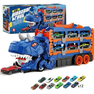 Dinosaur Transport Truck Toy Set, 12 Die-Cast Cars Transformable Dinosaurs, Perfect Gift for Boys Aged 3-6 Years Old Transformer Car