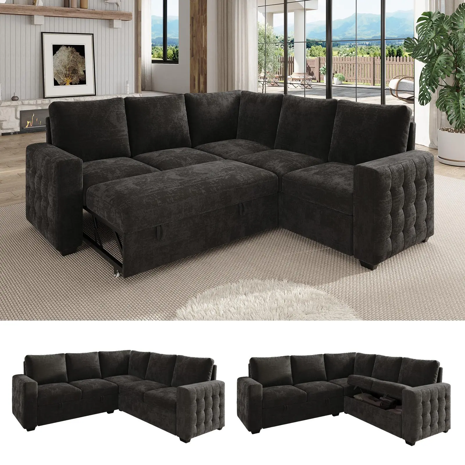 【3-4 Packages】86 Inch Sectional Sleeper Sofa, 5 Seat L Shaped Sleeper Sectional Couch with Pull Out Bed, Convertible Sofa Bed with Storage for Living Room, Apartment, Modular Cloud Couches