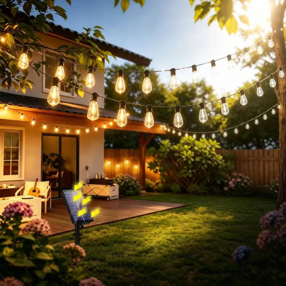 Solar-Powered Outdoor LED String Lights - Shatterproof Edison Bulbs, 8 Dimming Modes, Adjustable Brightness, Dimmer Control, IP44 Rated, LED Illuminated Atmosphere Lights for Courtyard, Camping Decorations, Adjustable Brightness Led