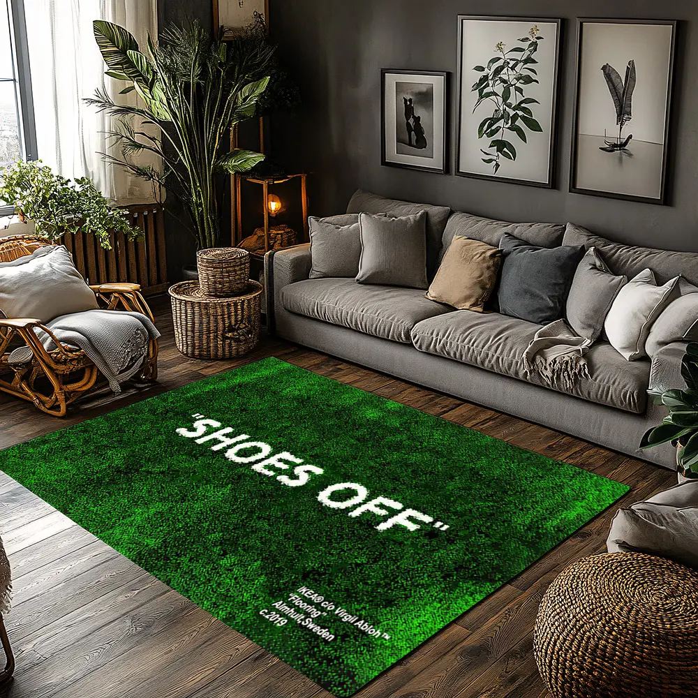 Streetwear Shoes Off Letter Green Grass Texture Crystal Velvet Area Rug Non‑Slip Living Room House Decor Rug Home Decor Letter Pattern Rug, Home Decorative Rugs#ShoesOffRug #StreetwearRug #GrassTextureRug #GreenLetterCarpet #CrystalVelvetRug