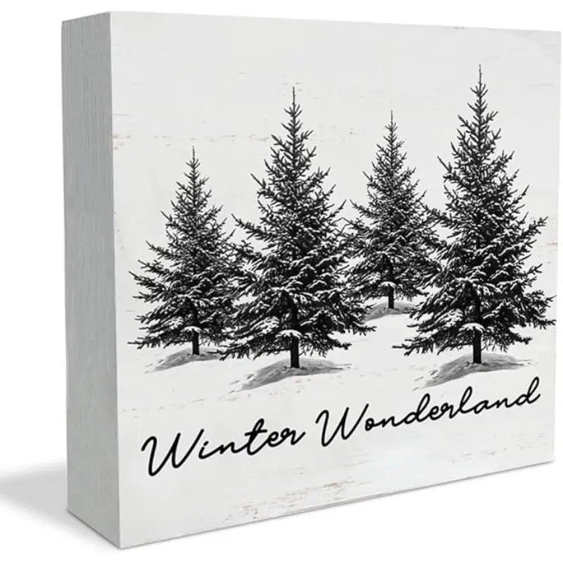 Winter Sign Pine Trees Winter Xmas Decorations for Home Bedroom Office Shelf Desk 5x5 Inches