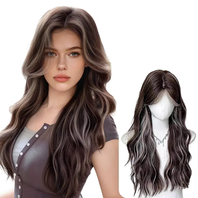 Lotfon Glueless Wigs for Women, Big Wavy Synthetic Hair in Brown with White Highlights, Lightweight and Adjustable for Daily Wear & Cosplay, Wigs Glueless, Approximately 8 Ounces