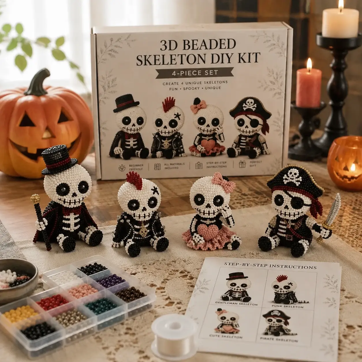 3D Beaded Skeleton DIY Kit, 4-Piece Halloween Bead Craft Set with Step-by-Step Instructions, DIY Skeleton Doll Making Kit for Adults & Teens, Handmade Gothic Decor Gift, Beginner Friendly