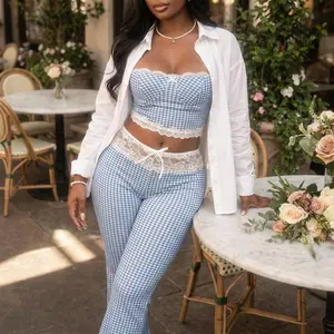 Women’s Blue White Gingham Lace Trim Cami Top and Flared Pants Set 2 Piece Pajama Lounge Set Spaghetti Strap Crop Camisole with Elastic Drawstring Waist Long Pants Soft Stretchy Curve Friendly Matching Outfit for Travel Weekend and Vacation Wear