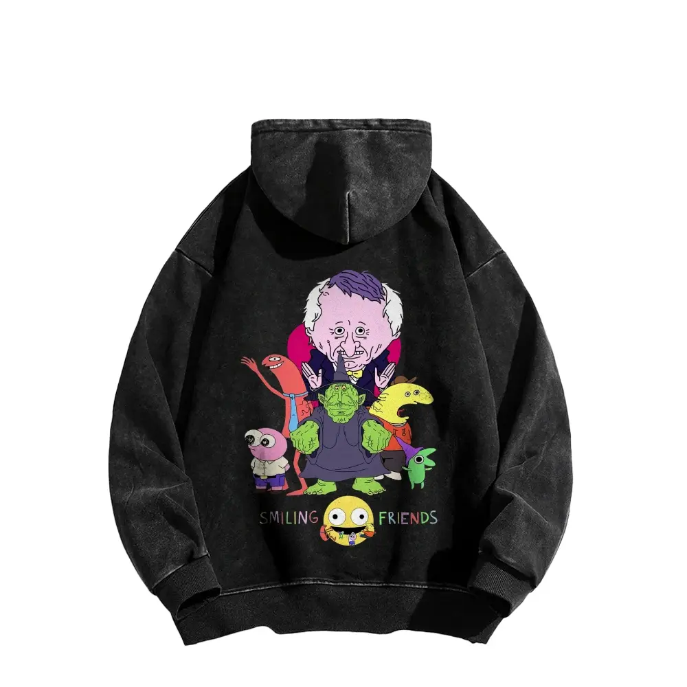 Smiling Friends washed cotton sweatshirt, Smiling Friends American-style hooded sweatshirt, cartoon double-sided print vintage washed cotton fabric men's top, Made in the USA.
