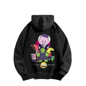 Smiling Friends washed cotton sweatshirt, Smiling Friends American-style hooded sweatshirt, cartoon double-sided print vintage washed cotton fabric men's top, Made in the USA.