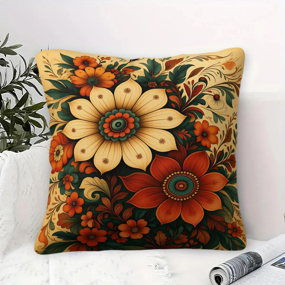 Farmhouse Vintage Floral Throw Pillow, Rustic Botanical Print Decorative Cushion, Premium Soft Accent Pillow, Soft Padded Cushion, Includes Pillow Core, for Living Room Sofa Bedroom Decor, Great Housewarming Gift for New Homeowners