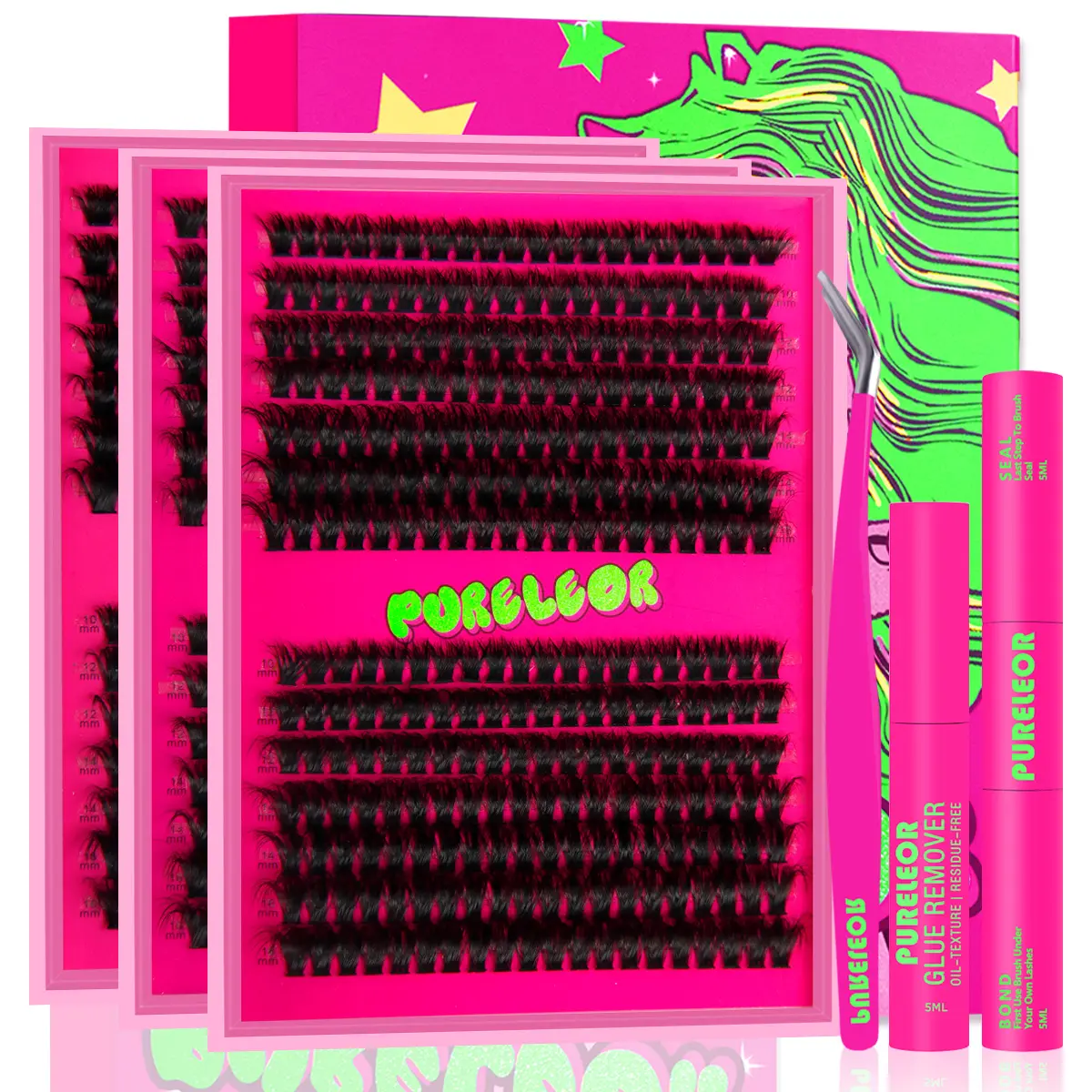 PURELEOR Lash Clusters Kit Fluffy- 50D 80D 100D 150D Individual Lashes DCurl Cluster Eyelash Extensions 10-16mm DIY Thick False Eyelashes Kit with Waterproof Lash Bond and Seal&Glue Remover&Applicator