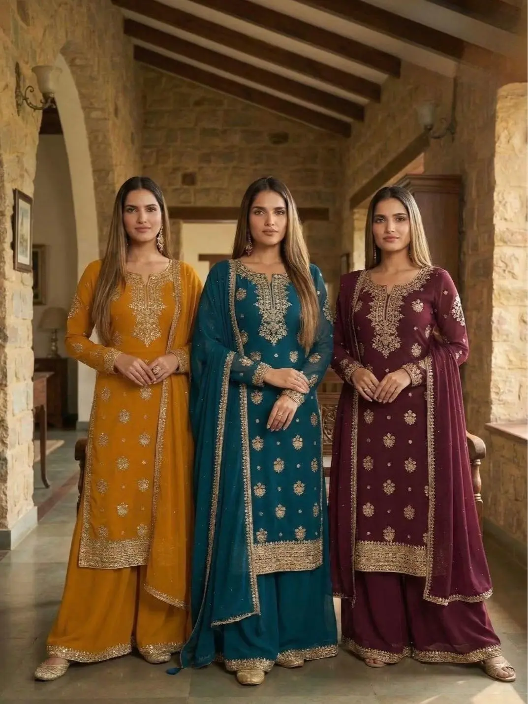 Luxury Embroidered Suit 3PC Set Collection – Mustard, Teal & Maroon Festive, Wedding & EID Wear