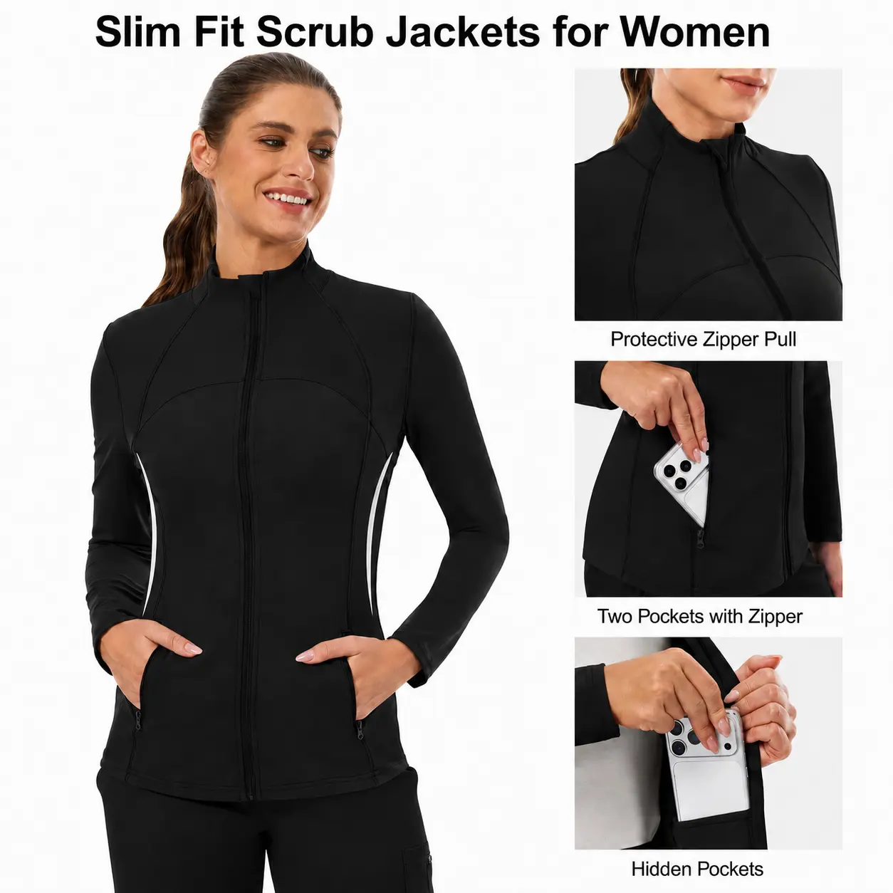 Scrub Jackets for Women, Zip Front Lightweight Slim Fit Nurse Tops with 4 Pockets, Princess Seams,360 Stretch Fabric