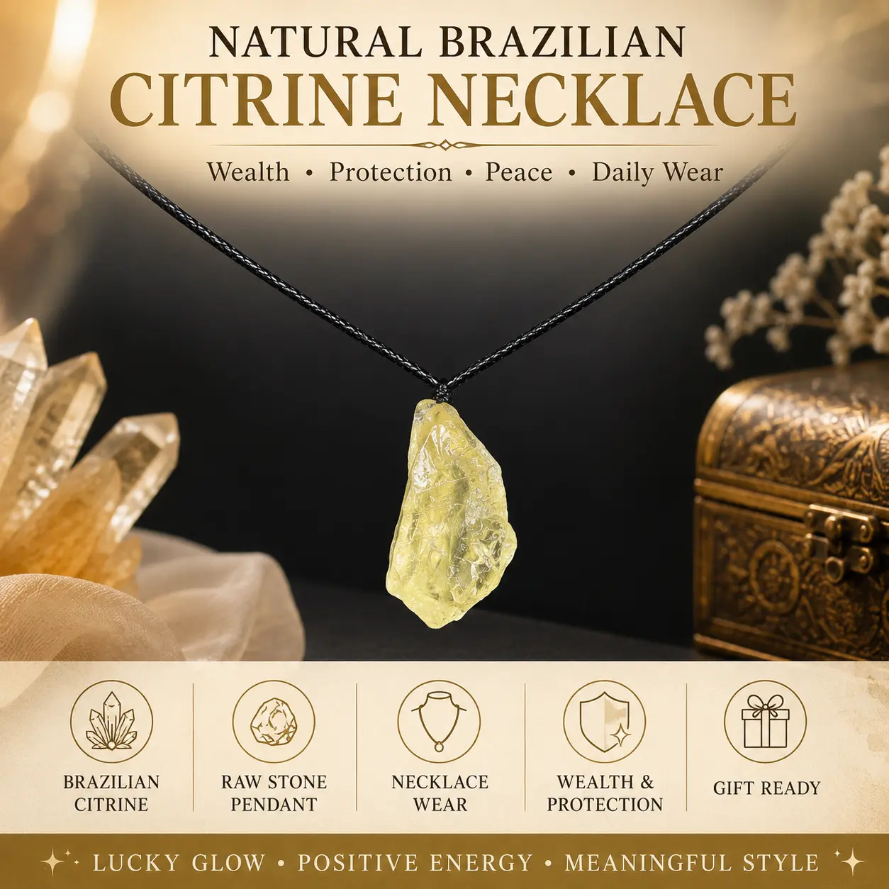 Natural Brazilian Citrine Necklace - Yellow Crystal Pendant for Wealth, Abundance, Protection, Inner Peace - Spiritual Gift, TikTok Viral Pick, SummerWins DealsForYouDays, Crystal Necklaces Collection, Citrine Crystal Necklaces