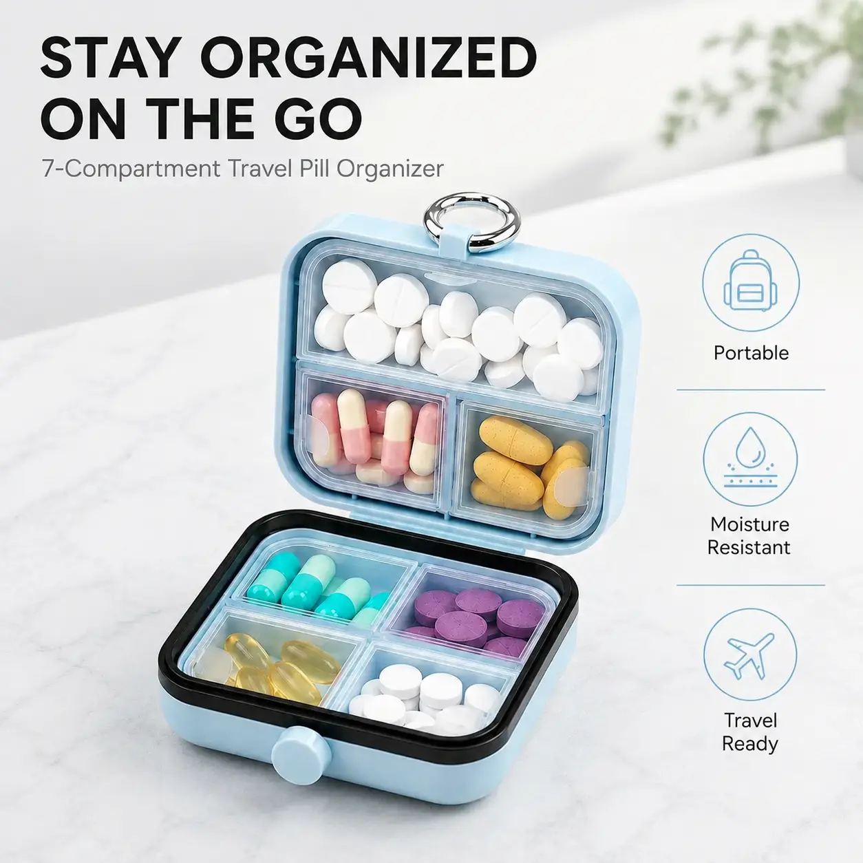7-Compartment Portable Pill Organizer with Double Seal, Travel Home Storage Box for Vitamins, Supplements & Daily Medication