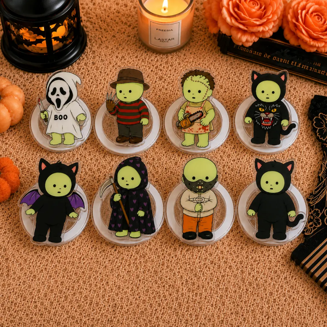 Cute Smiski Halloween Phone Grip, Horror Movie Characters Acrylic Pop Socket, Glow in The Dark Phone Stand, Spooky Gift for Cell Phone