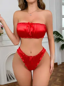 Women's Halter Bandeau Ruffled Lace Lingerie Underwear Set, Satin Smooth Skin-Friendly Material, Bow Detail, Romantic Couple Moments, Sweet Intimate Time