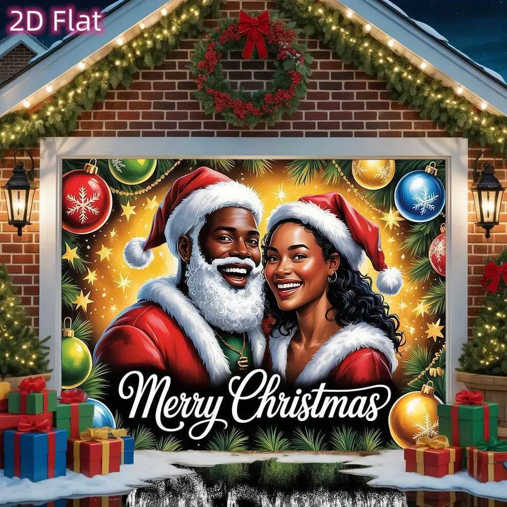 1pc Glam Durable Soft 2D Flat African American Santa Couple Holiday Textile Banner - Indoor/Outdoor Decoration with Wreath, Balloons Design - Self-Standing Home Ornament, Stable