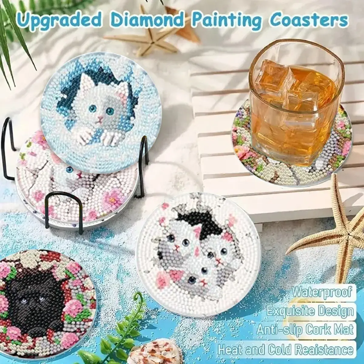 8 Piece Cat Theme Diamond Painting Coasters, DIY 5D Cute Cat Diamond Art Coasters with Stand, Unique Handmade Gift for Friends and Cat Lovers