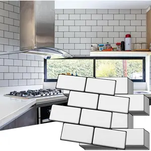 Peel and Stick Backsplash, 10-Pack Thickened Stick on Subway Tiles, Faux Ceramic Tiles for Kitchen, Bathroom, White with Black Grout