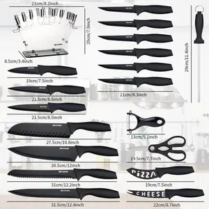 19-Piece Kitchen Knife Set with Combination Chef, Bread, and Scissors, Includes Sharpening Rod, All-In-One Block Knife Set non slip handle Cooking