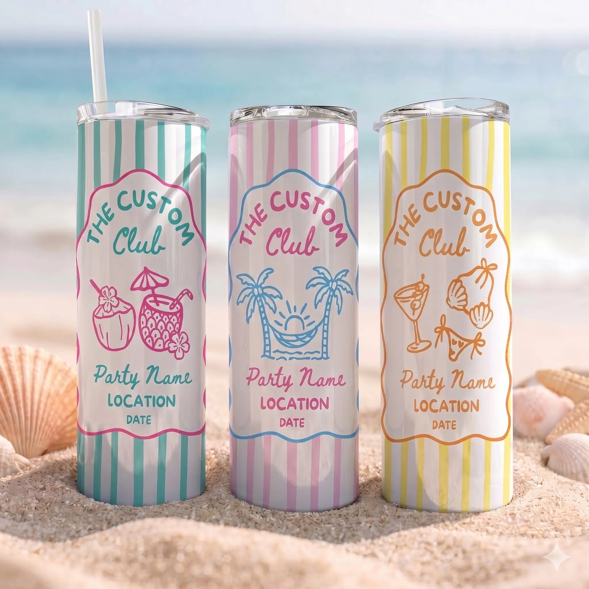 Bojjico Custom Vacation Tumbler Skinny Cup with Straw for Women Preppy Retro Beach Pastel Striped Stainless Steel Girls Trip Tumbler Personalized Family Vacation Tumbler Custom Birthday Cups Beach Girls Trip Gifts Bachelorette Party Favors