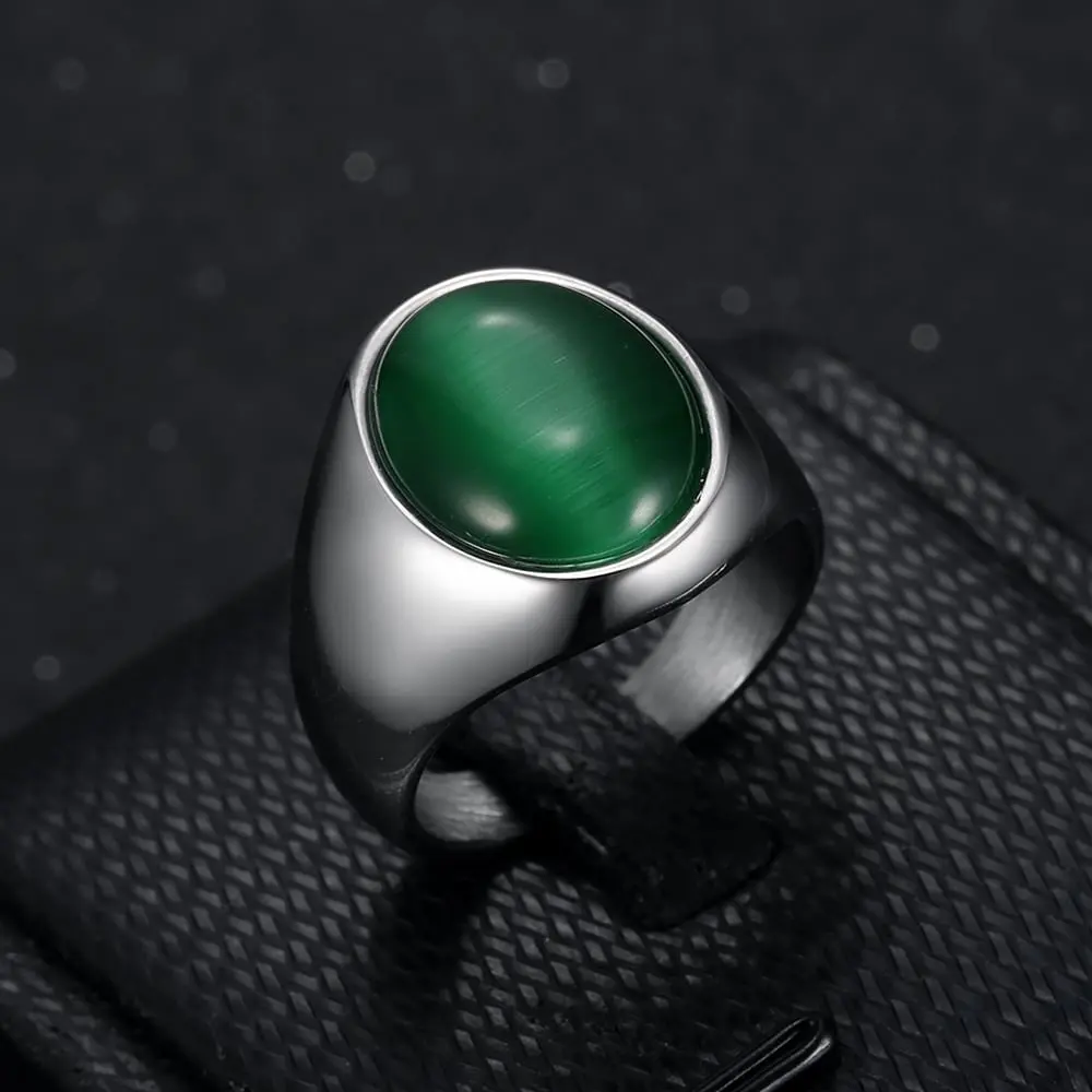 Men's Retro Stainless Steel Elegant Everyday Ring - Oval Cat Eye Stone Decoration, Classic Band, Anti-Rust Costume Jewelry Ring for Business, Graduation, Rings
