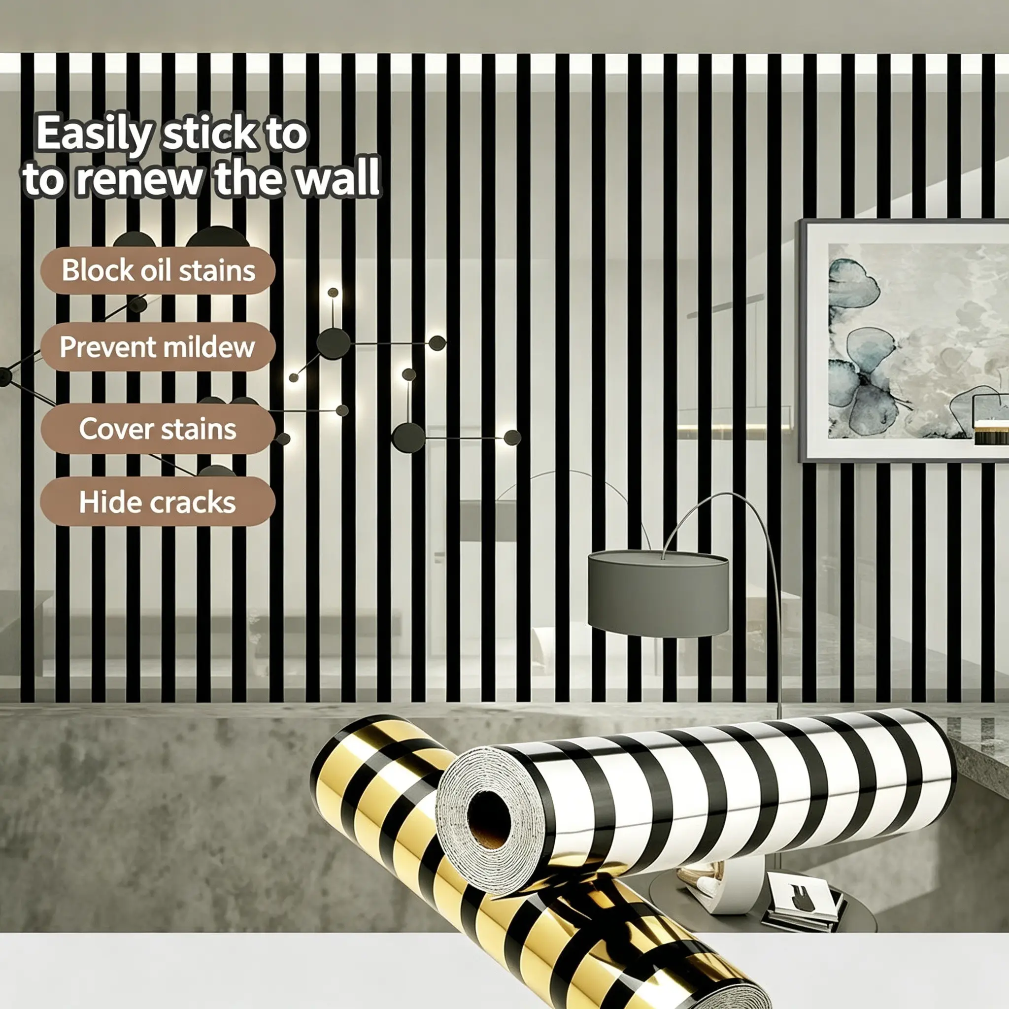 Mosaic Gold Silver Stripe Grid Wallpaper, 3D Mirror Effect Wall Decor, Ideal for TV Wall, Sofa Background, Entryway, Living Room, Bedroom, Geometric Wallpaper