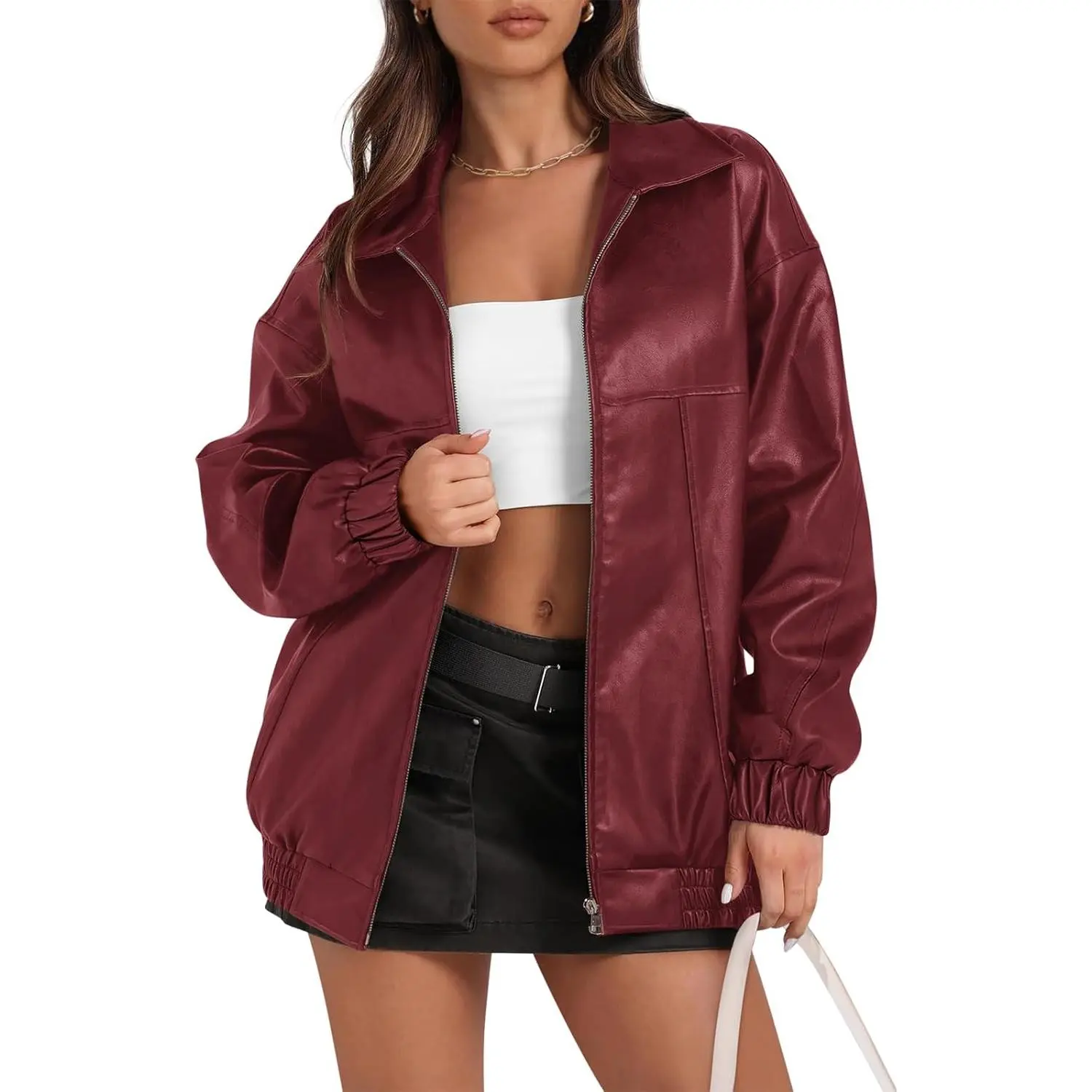 YOUSIFY Women's Oversized Faux Leather Bomber Jacket, Casual Zip-Up Motorcycle Coat for Fall Winter Outerwear, Coats