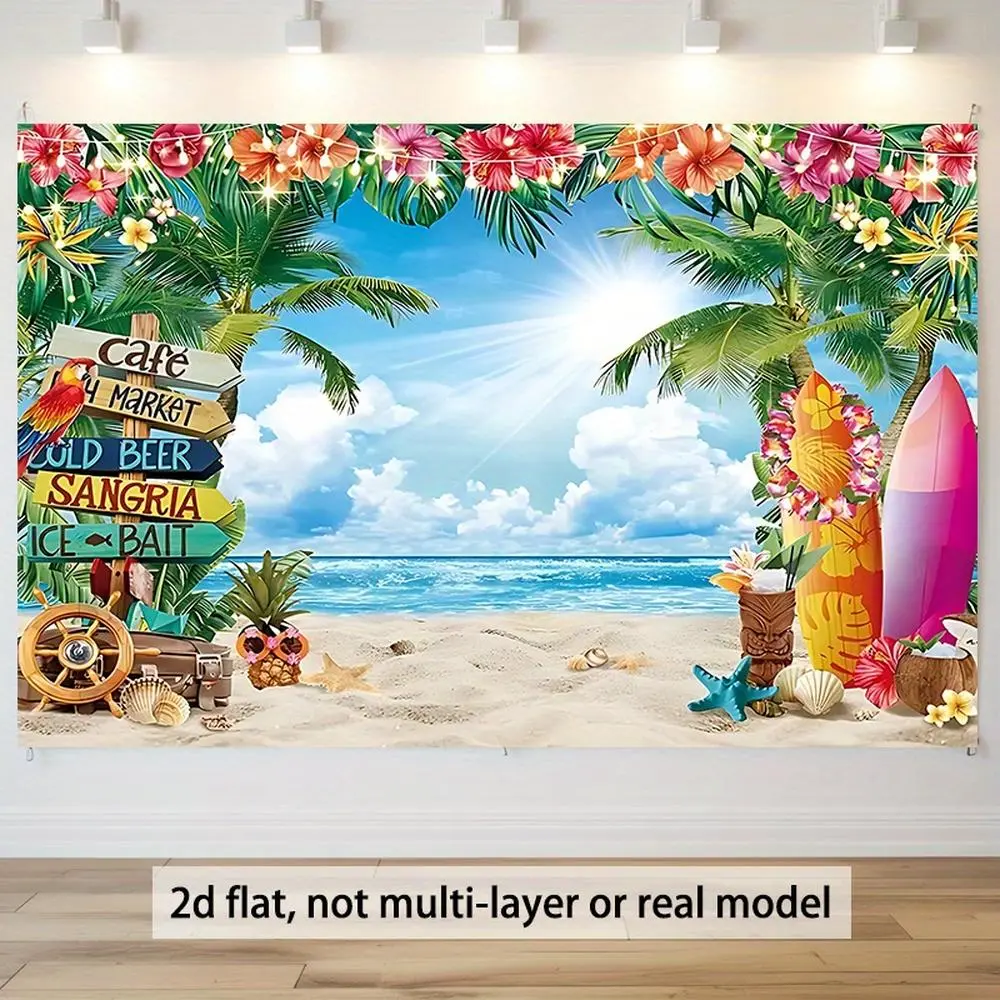 Tropical Beach Polyester Backdrop Banner with Surfboard Signs & Multicolor Text - Reusable Decoration, Photo Backdrop for 2026 New Year, Happy Birthday Celebrations, 51.46m Indoor/Outdoor Home Wall Party Decorations Banners