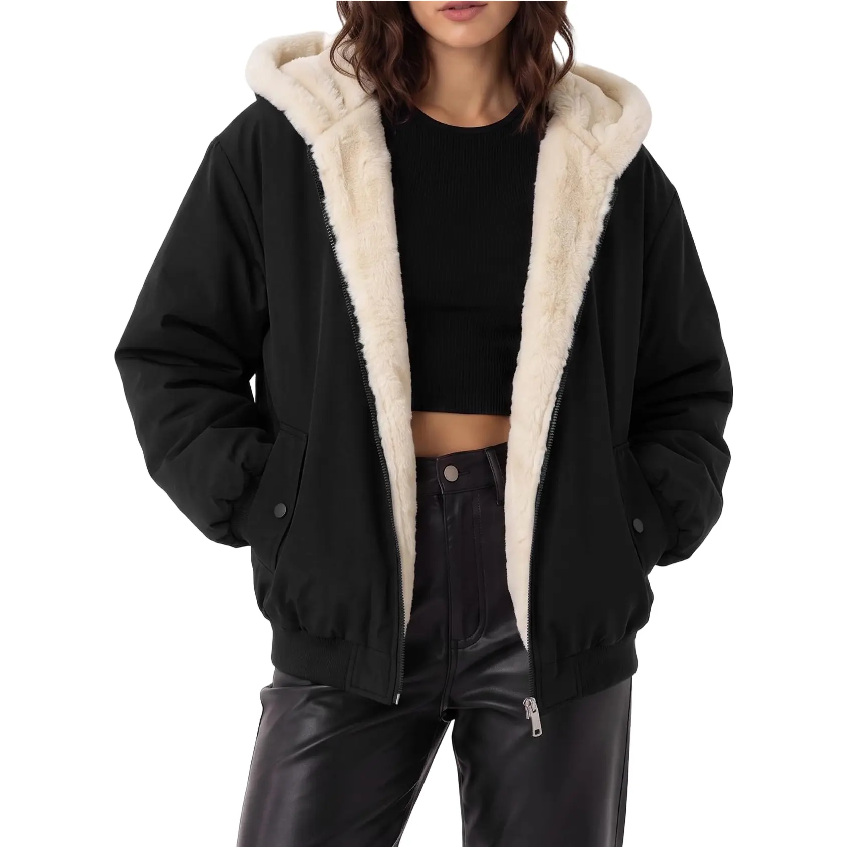 Wyeysyt Women's Winter Hooded Fleece-Lined Reversible Jacket - Fuzzy Plush Fabric, Loose Oversized Zip-Up Sleeve Outerwear